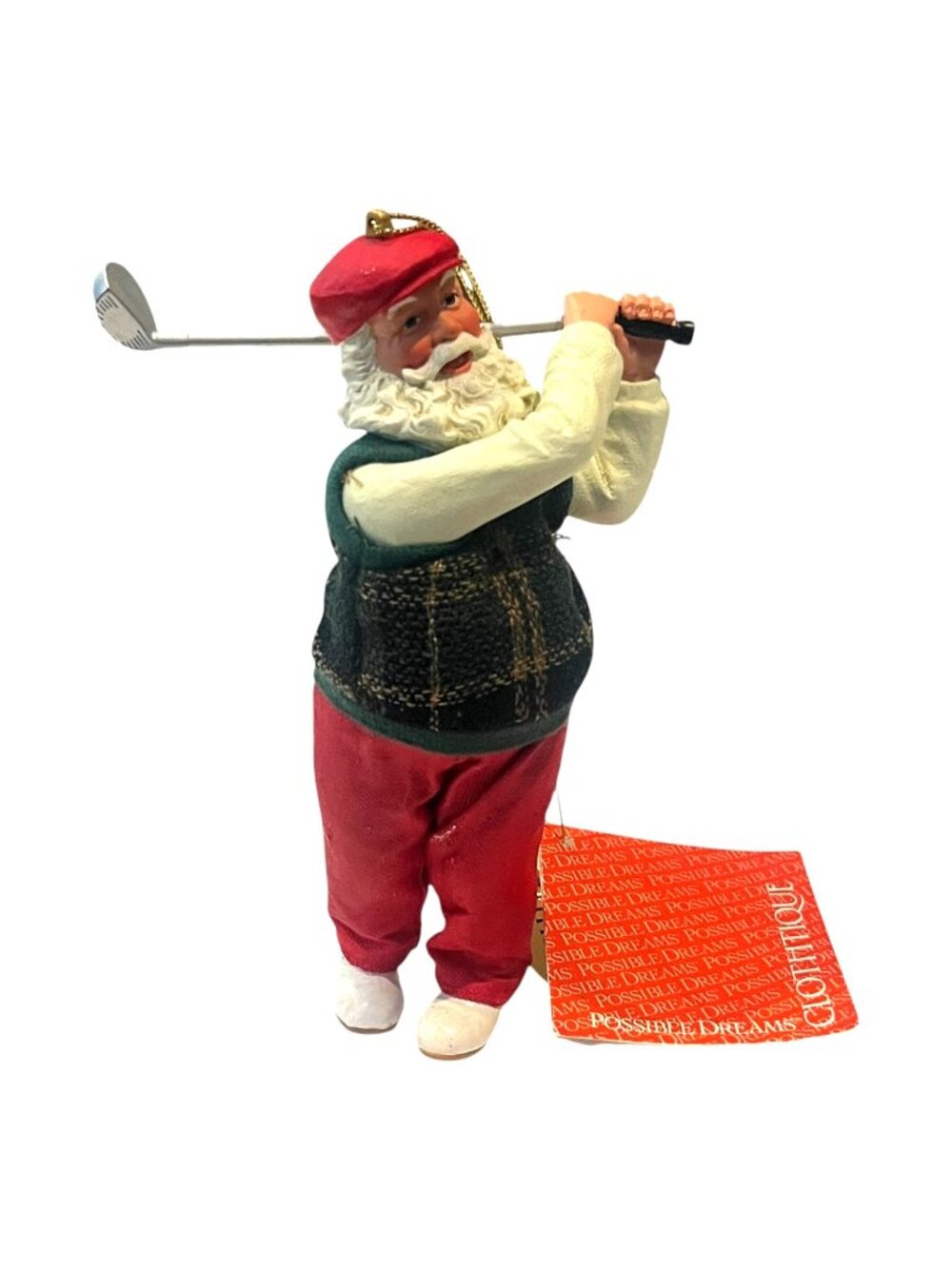Clothique Possible Dreams Santa Golfer Hanging Christmas Tree Ornament 6.5'' NEW